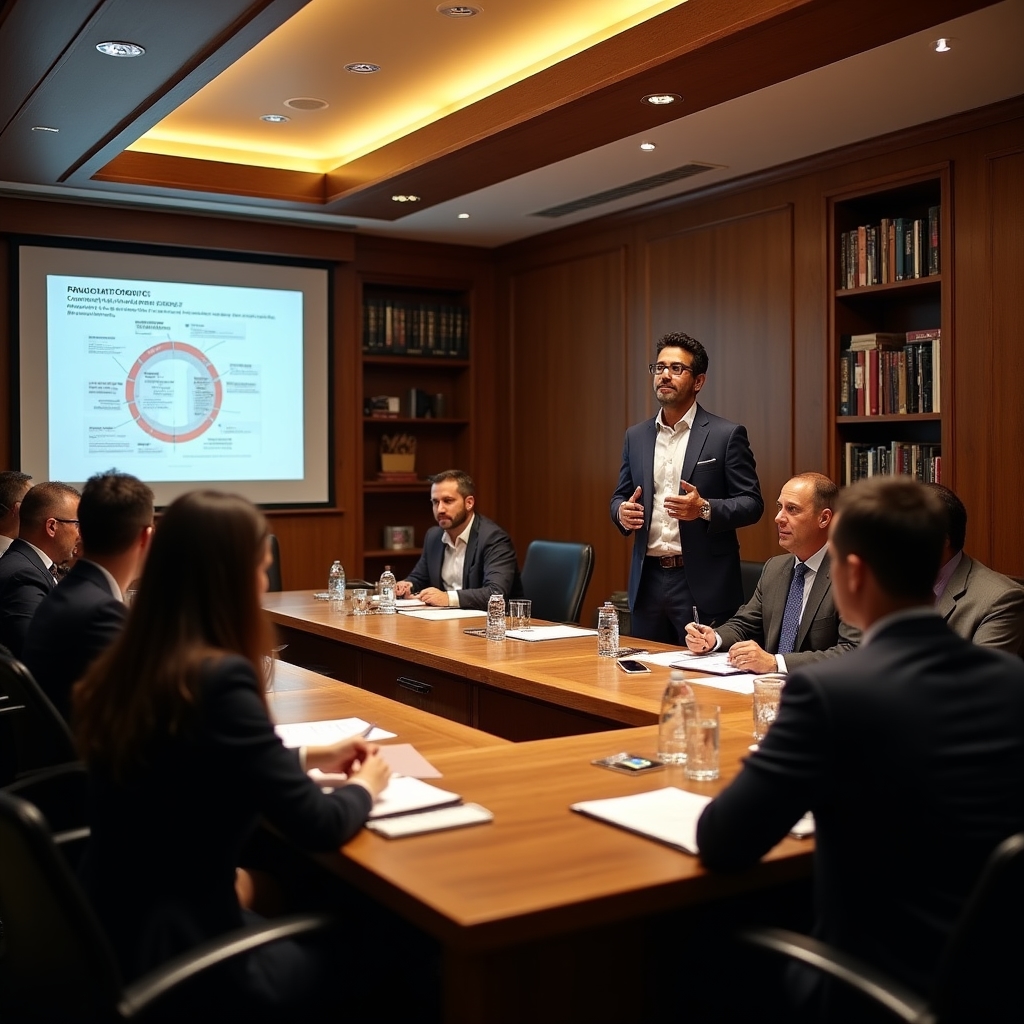 Vaultora compliance training session with team members in a professional meeting room reviewing regulatory documents