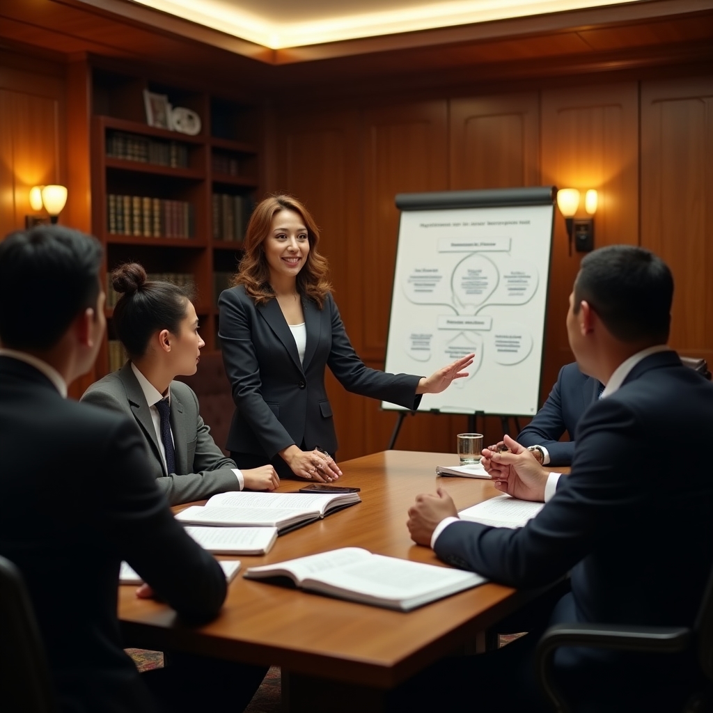 US regulatory compliance team meeting in a formal conference room reviewing financial documents